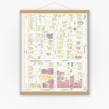 Old map wall art mockup — magnetic wood frame on white wall — Sanborn Fire Insurance Map from Tipton, Tipton County, Indiana (1909), Sheet #0007