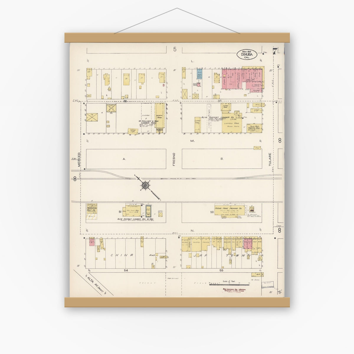 Old map wall art mockup — magnetic wood frame on white wall — Sanborn Fire Insurance Map from Dinuba, Tulare County, California (1912), Sheet #0007