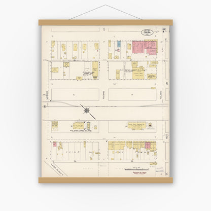 Old map wall art mockup — magnetic wood frame on white wall — Sanborn Fire Insurance Map from Dinuba, Tulare County, California (1912), Sheet #0007