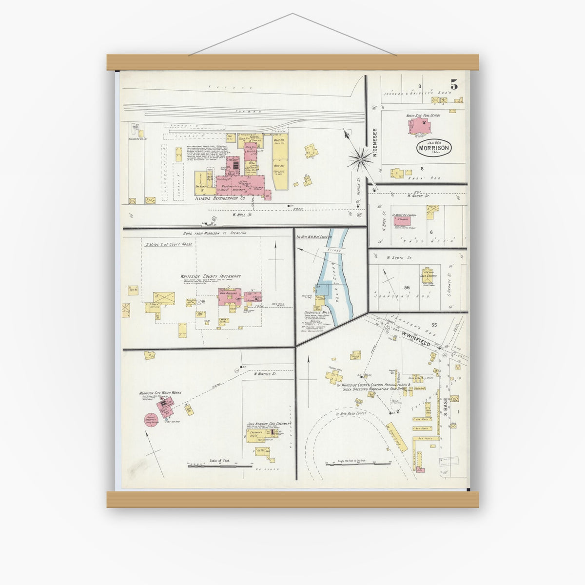 Old map wall art mockup — magnetic wood frame on white wall — Sanborn Fire Insurance Map from Morrison, Whiteside County, Illinois (1903), Sheet #0005