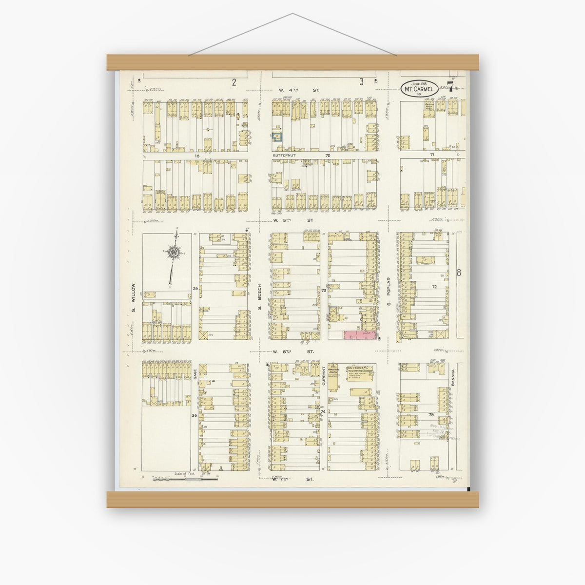 Old map wall art mockup — magnetic wood frame on white wall — Sanborn Fire Insurance Map from Mount Carmel, Northumberland County, Pennsylvania (1913), Sheet #0007