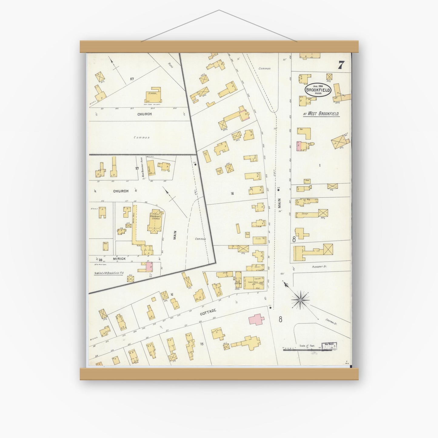 Old map wall art mockup — magnetic wood frame on white wall — Sanborn Fire Insurance Map from Brookfield, Worcester County, Massachusetts (1904), Sheet #0007