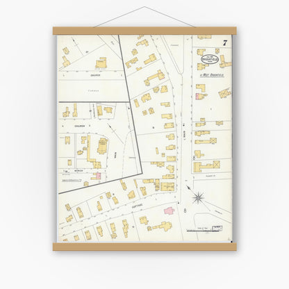 Old map wall art mockup — magnetic wood frame on white wall — Sanborn Fire Insurance Map from Brookfield, Worcester County, Massachusetts (1904), Sheet #0007