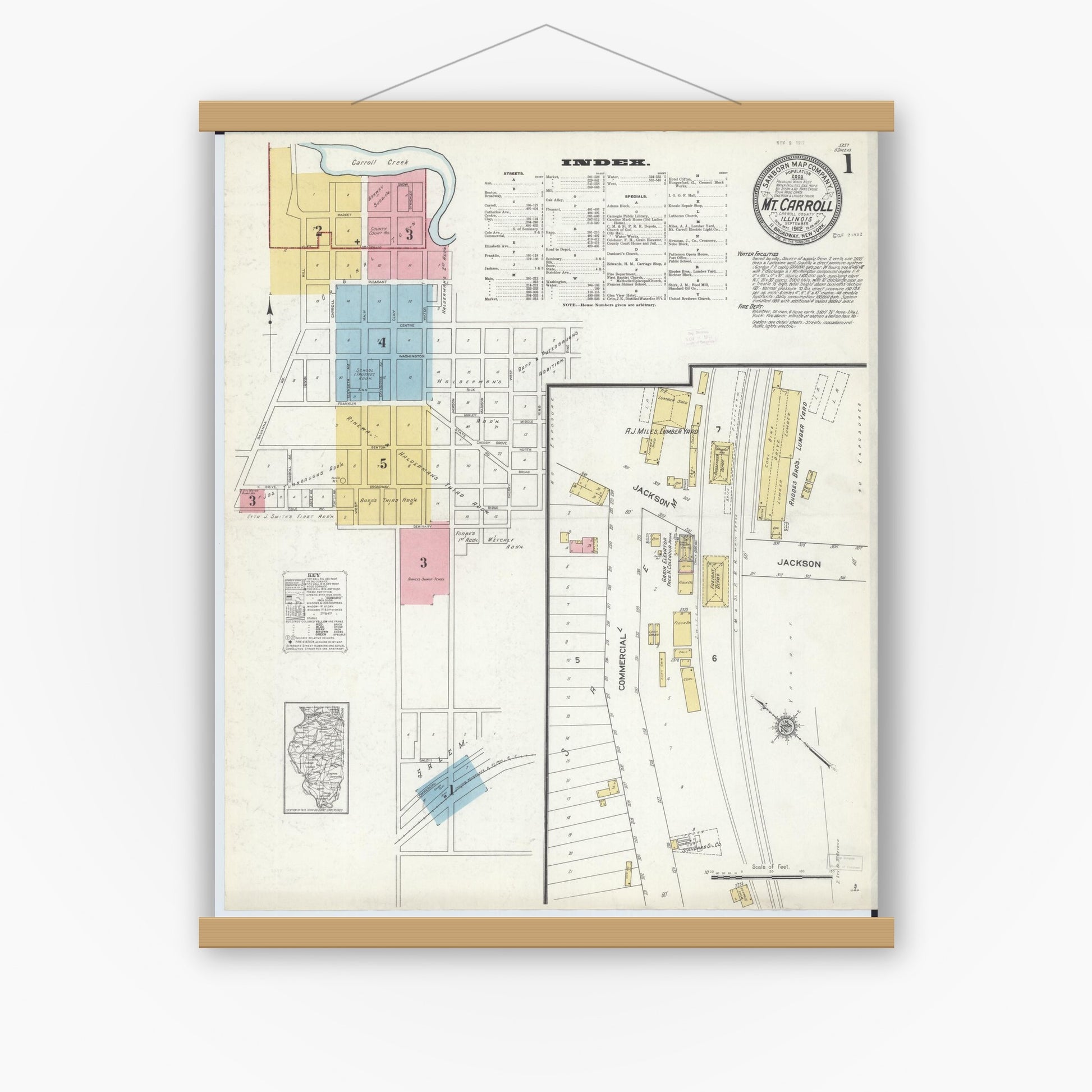Old map wall art mockup — magnetic wood frame on white wall — Sanborn Fire Insurance Map from Mount Carroll, Carroll County, Illinois (1912), Sheet #0001