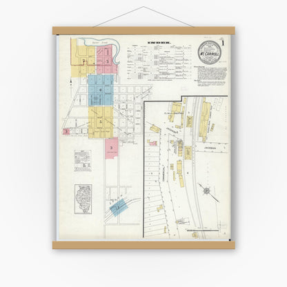 Old map wall art mockup — magnetic wood frame on white wall — Sanborn Fire Insurance Map from Mount Carroll, Carroll County, Illinois (1912), Sheet #0001