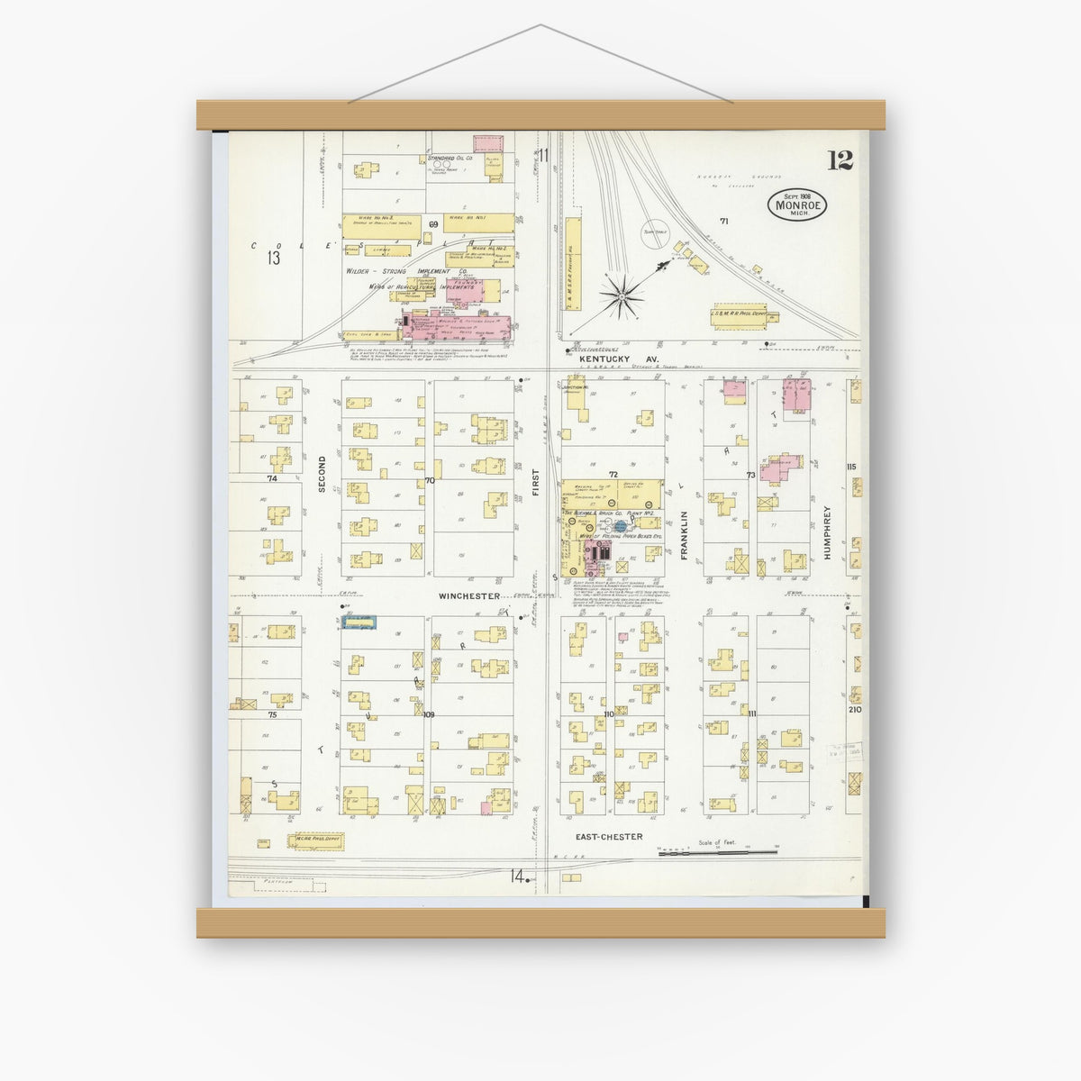 Old map wall art mockup — magnetic wood frame on white wall — Sanborn Fire Insurance Map from Monroe, Monroe County, Michigan (1908), Sheet #0012