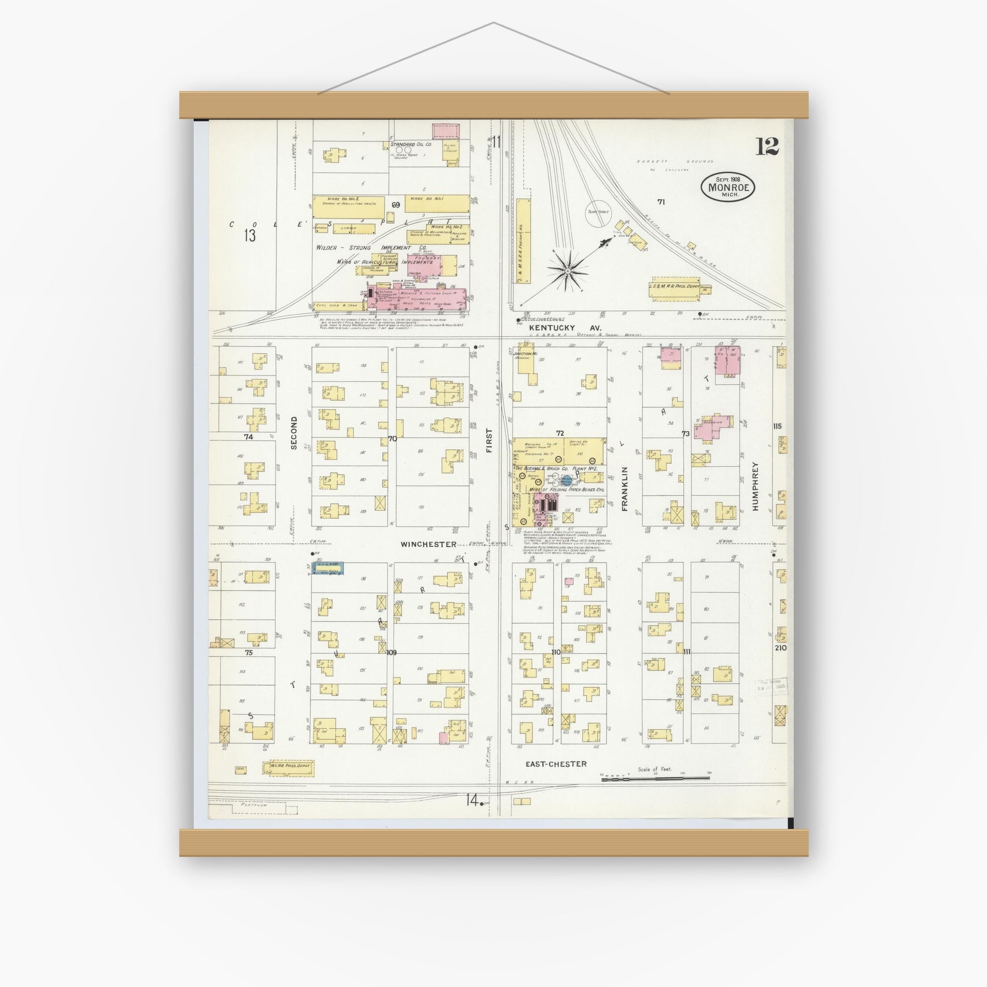 Old map wall art mockup — magnetic wood frame on white wall — Sanborn Fire Insurance Map from Monroe, Monroe County, Michigan (1908), Sheet #0012