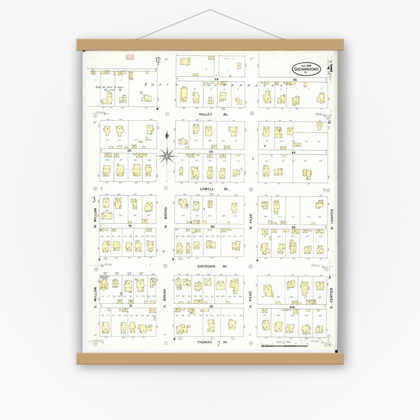 Old map wall art mockup — magnetic wood frame on white wall — Sanborn Fire Insurance Map from Shenandoah, Page County, Iowa (1909), Sheet #0004