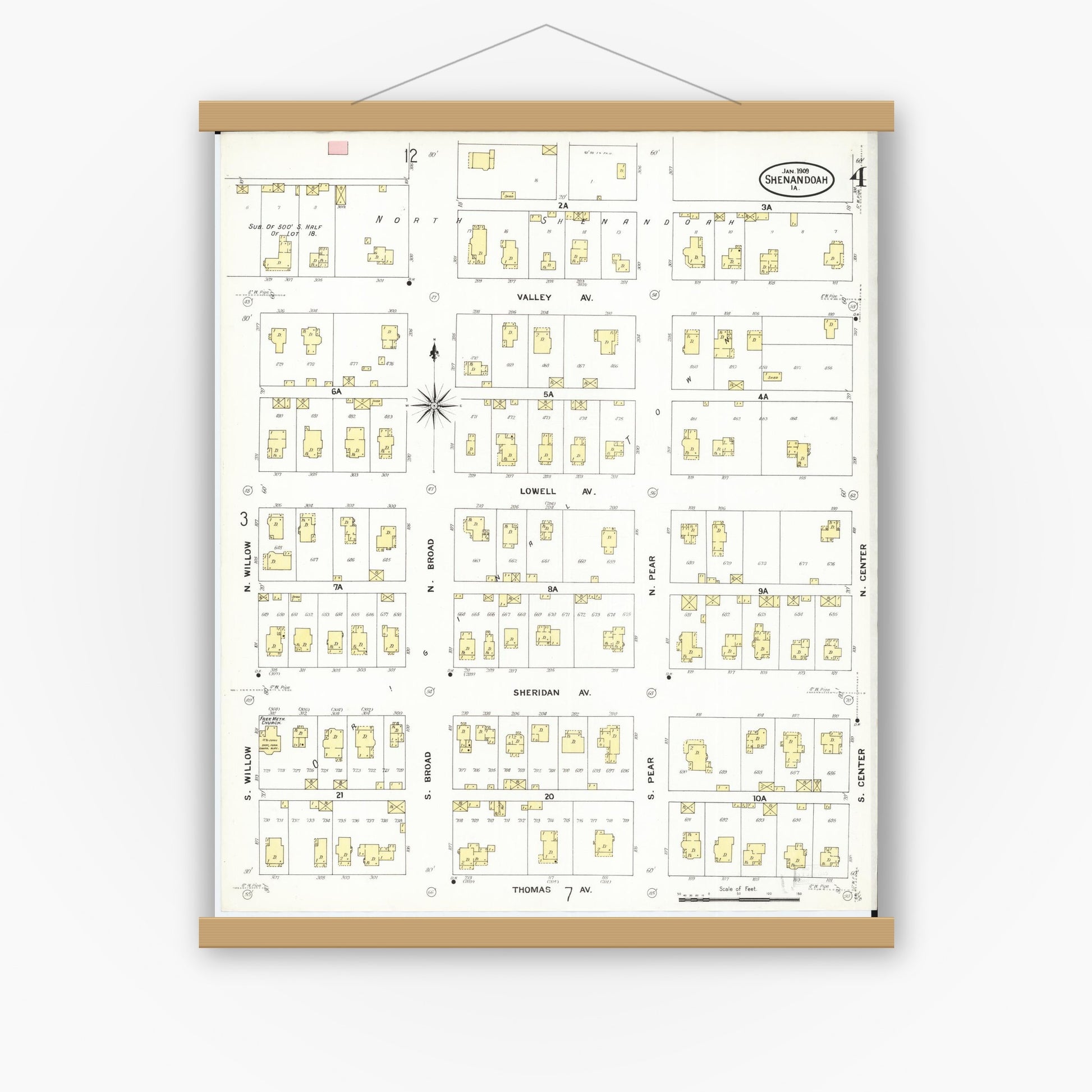 Old map wall art mockup — magnetic wood frame on white wall — Sanborn Fire Insurance Map from Shenandoah, Page County, Iowa (1909), Sheet #0004