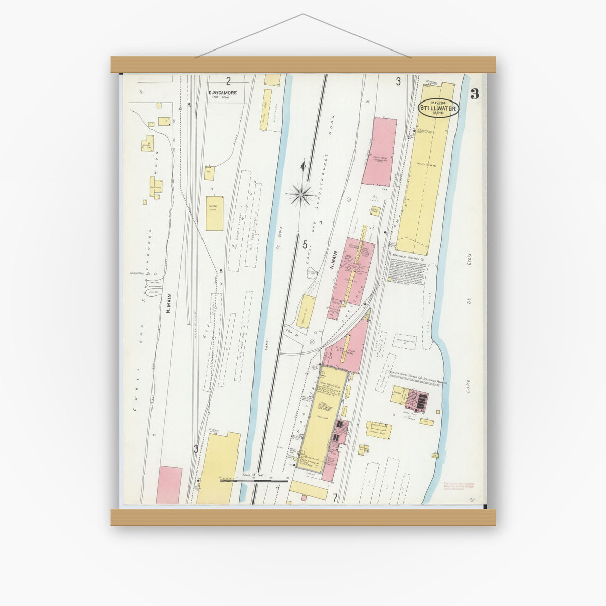 Old map wall art mockup — magnetic wood frame on white wall — Sanborn Fire Insurance Map from Stillwater, Washington County, Minnesota (1904), Sheet #0003
