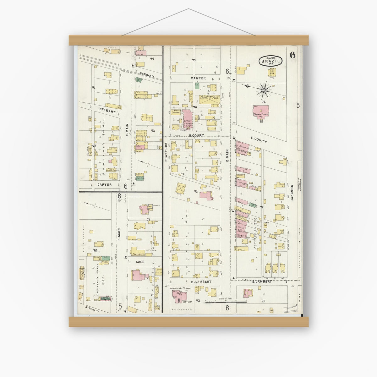 Old map wall art mockup — magnetic wood frame on white wall — Sanborn Fire Insurance Map from Brazil, Clay County, Indiana (1896), Sheet #0006