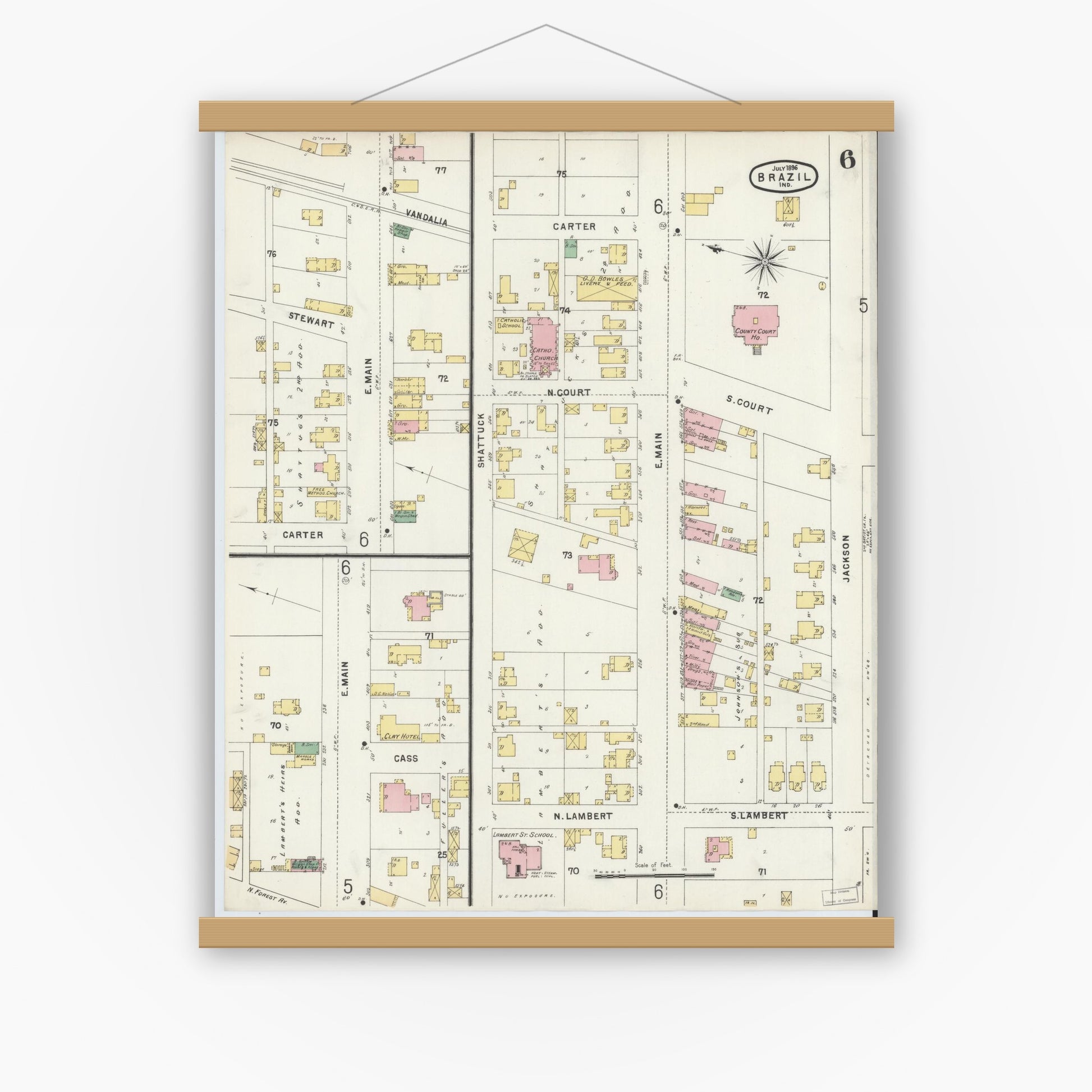 Old map wall art mockup — magnetic wood frame on white wall — Sanborn Fire Insurance Map from Brazil, Clay County, Indiana (1896), Sheet #0006