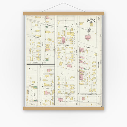 Old map wall art mockup — magnetic wood frame on white wall — Sanborn Fire Insurance Map from Brazil, Clay County, Indiana (1896), Sheet #0006