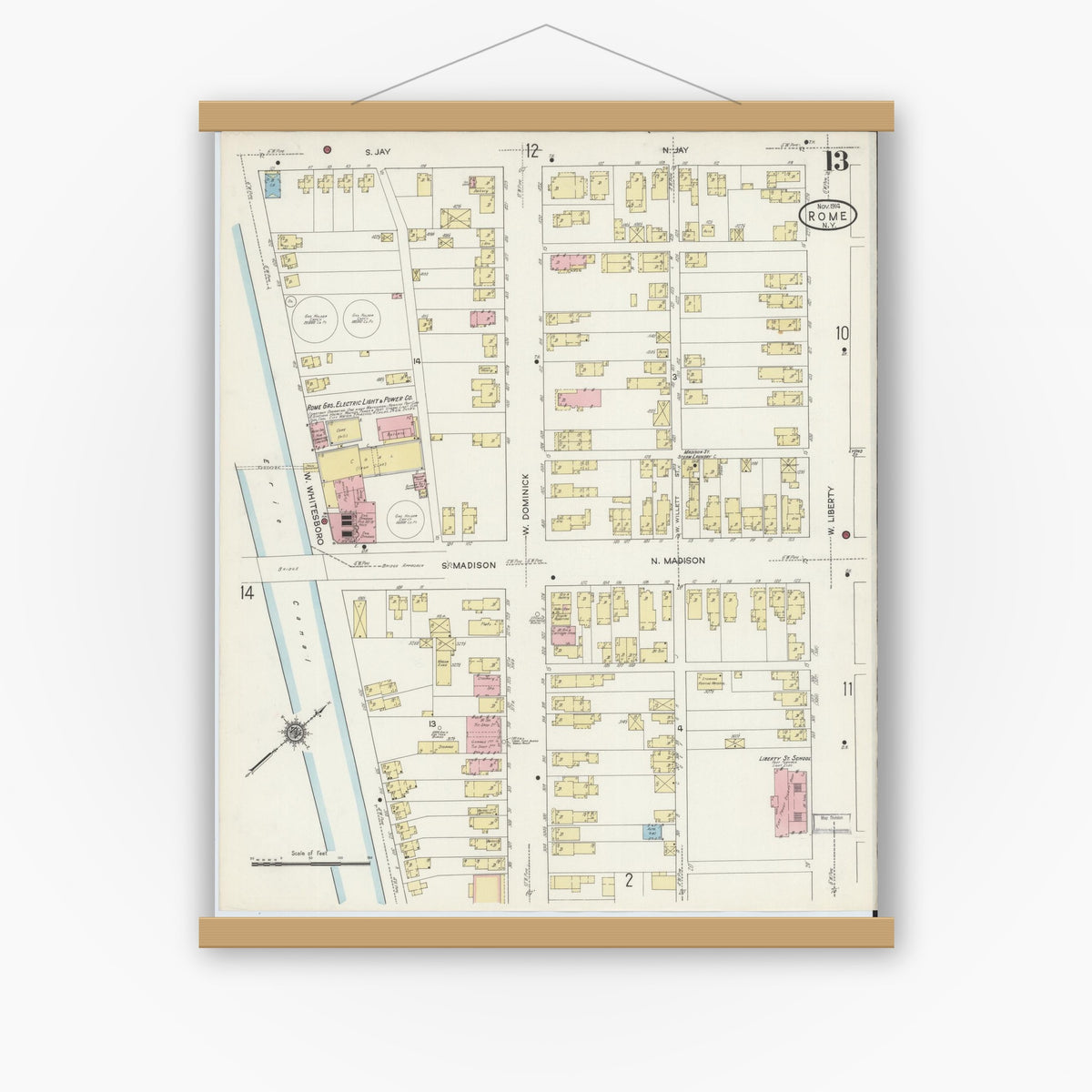 Old map wall art mockup — magnetic wood frame on white wall — Sanborn Fire Insurance Map from Rome, Oneida County, New York (1914), Sheet #0013