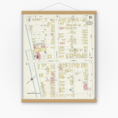 Old map wall art mockup — magnetic wood frame on white wall — Sanborn Fire Insurance Map from Rome, Oneida County, New York (1914), Sheet #0013