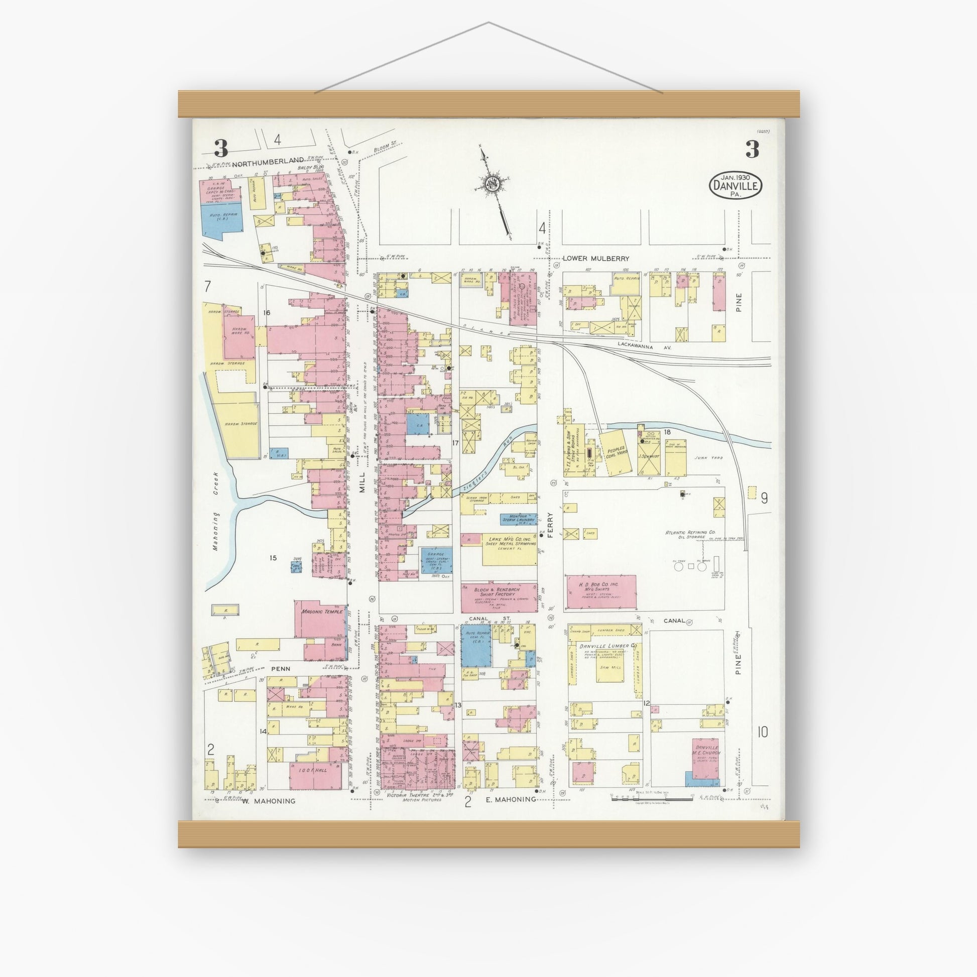 Old map wall art mockup — magnetic wood frame on white wall — Sanborn Fire Insurance Map from Danville, Montour County, Pennsylvania (1930), Sheet #0003