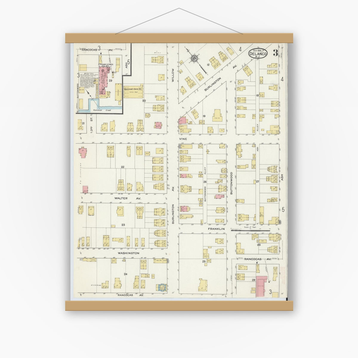 Old map wall art mockup — magnetic wood frame on white wall — Sanborn Fire Insurance Map from Delanco, Burlington County, New Jersey (1915), Sheet #0003