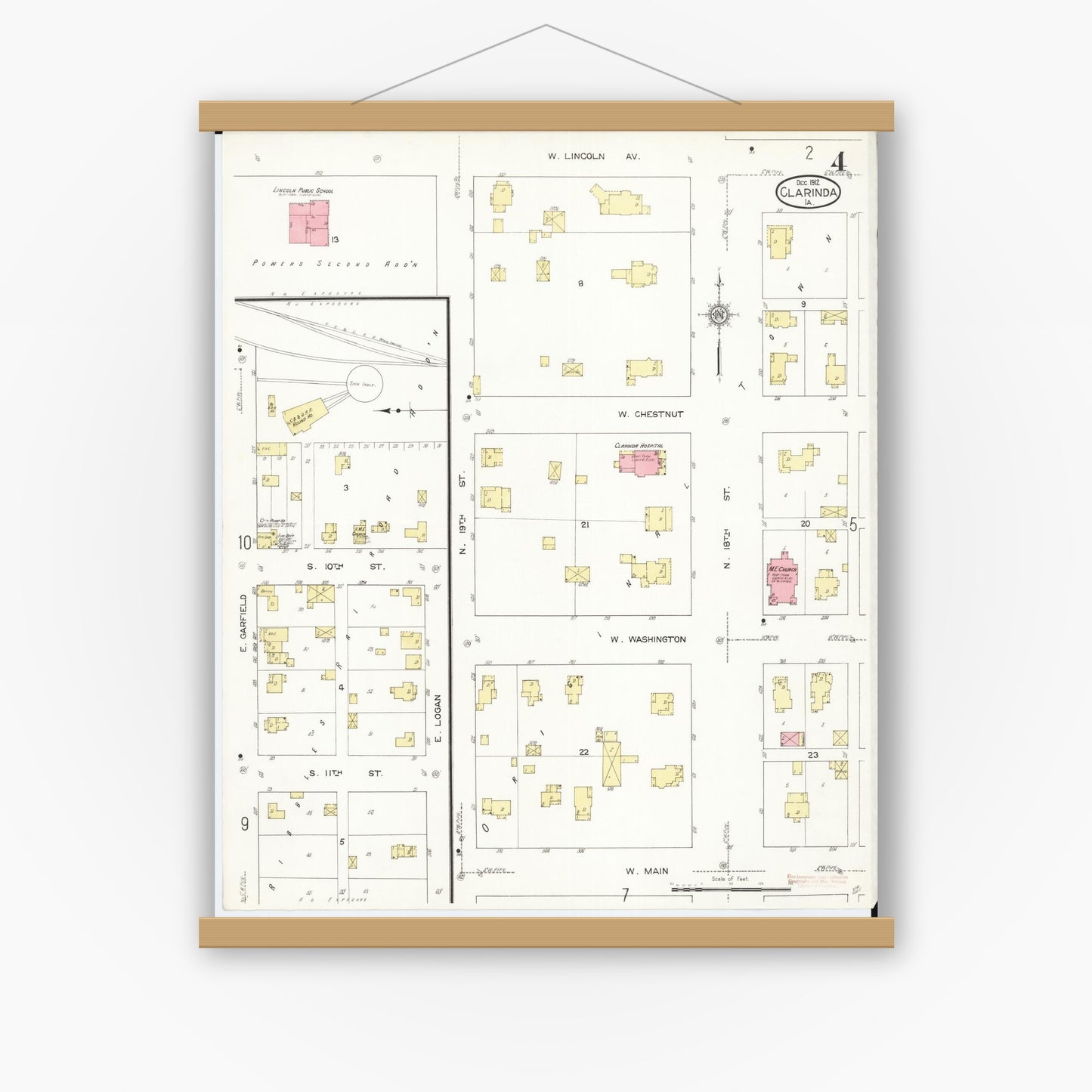 Old map wall art mockup — magnetic wood frame on white wall — Sanborn Fire Insurance Map from Clarinda, Page County, Iowa (1912), Sheet #0004
