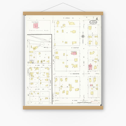 Old map wall art mockup — magnetic wood frame on white wall — Sanborn Fire Insurance Map from Clarinda, Page County, Iowa (1912), Sheet #0004
