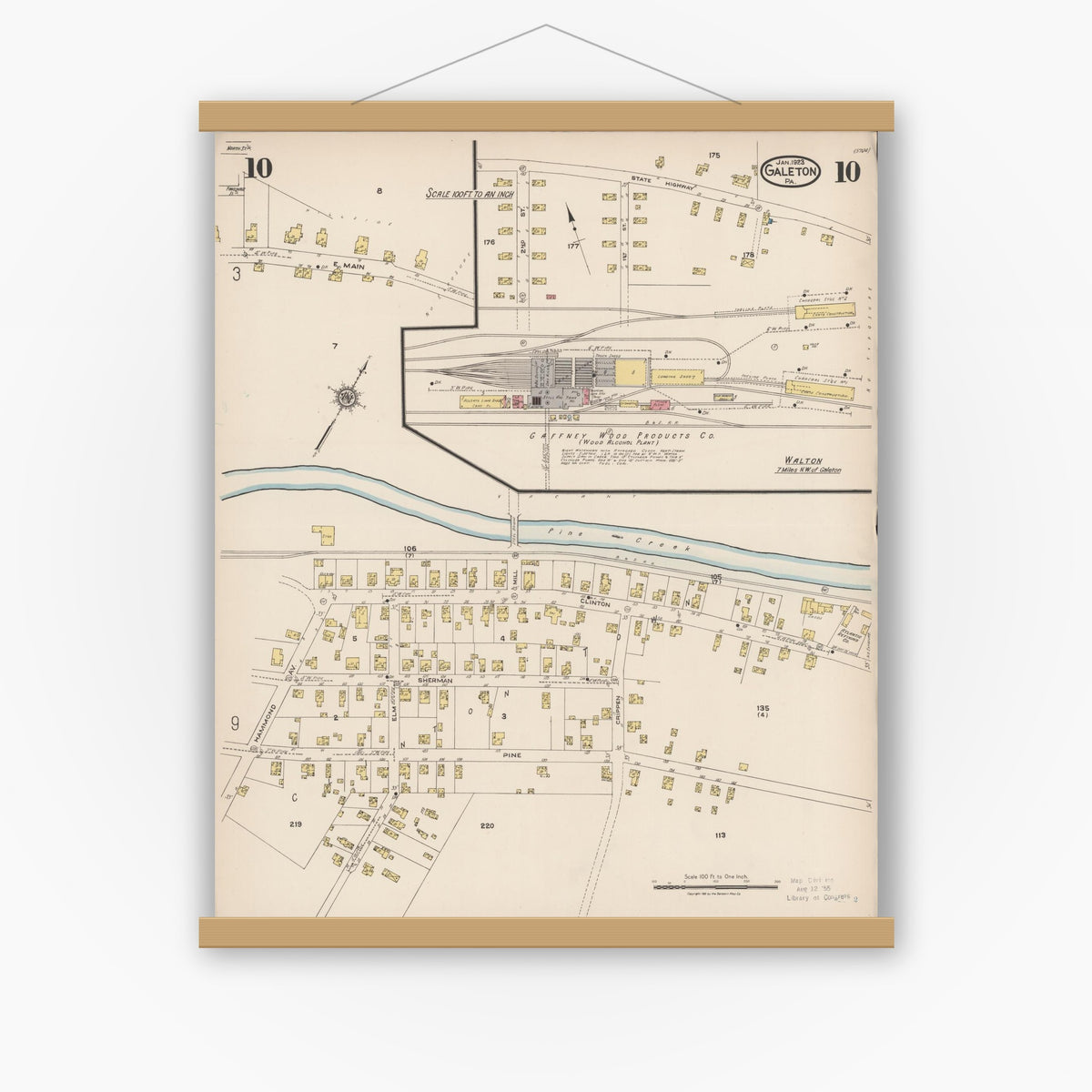 Old map wall art mockup — magnetic wood frame on white wall — Sanborn Fire Insurance Map from Galeton, Potter County, Pennsylvania (1923), Sheet #0010