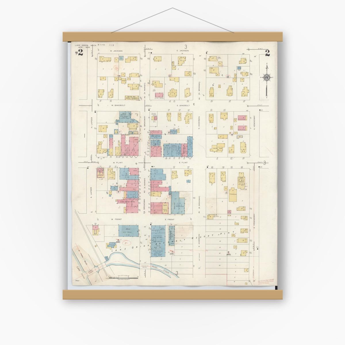 Old map wall art mockup — magnetic wood frame on white wall — Sanborn Fire Insurance Map from Lake Orion, Oakland County, Michigan (1943), Sheet #0002