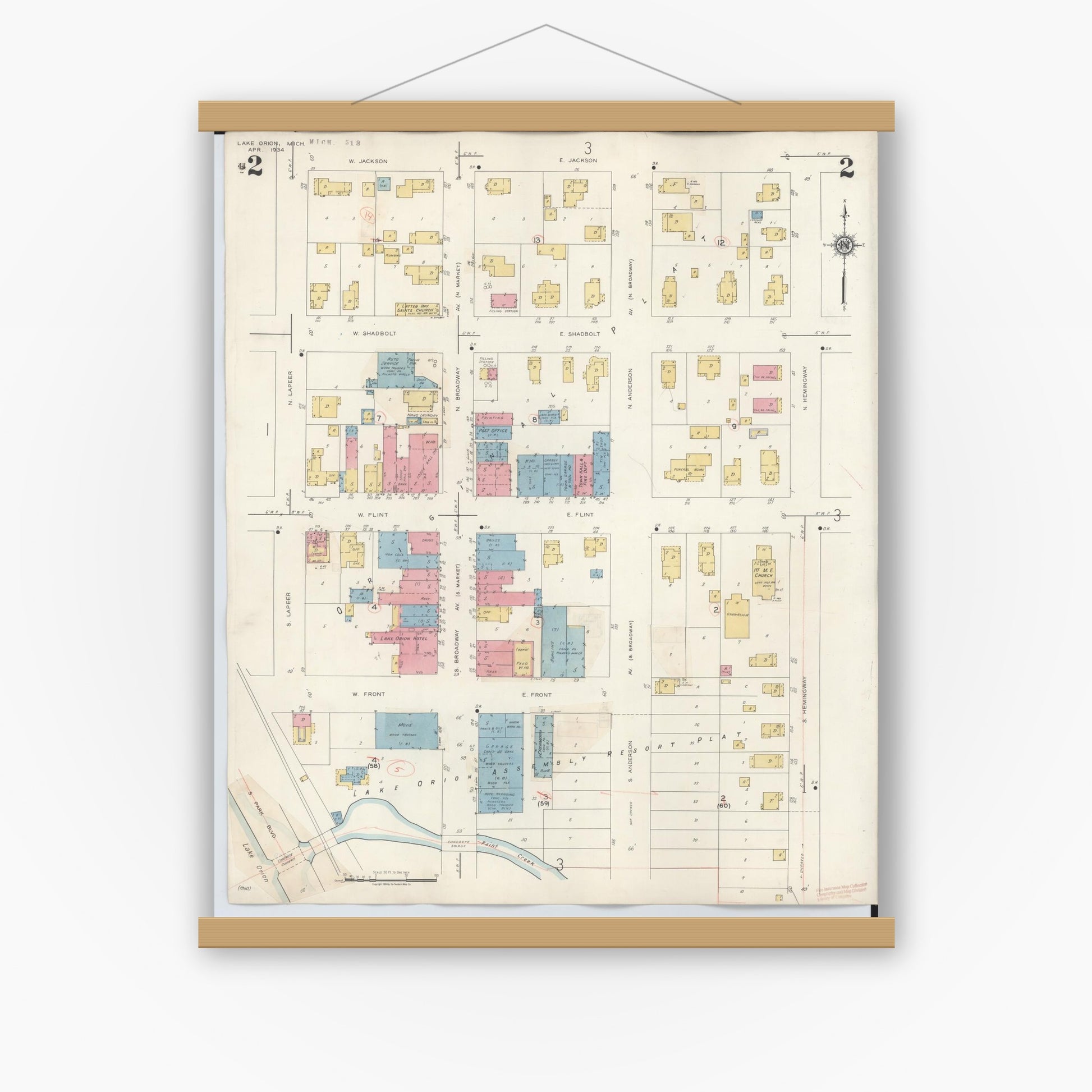 Old map wall art mockup — magnetic wood frame on white wall — Sanborn Fire Insurance Map from Lake Orion, Oakland County, Michigan (1943), Sheet #0002
