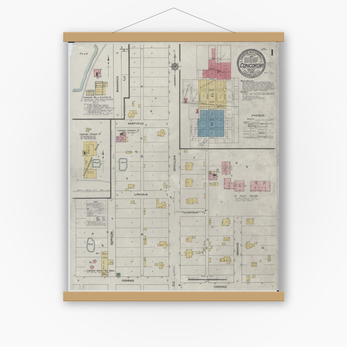 Old map wall art mockup — magnetic wood frame on white wall — Sanborn Fire Insurance Map from Concordia, Lafayette County, Missouri (1909) - Complete Map Set