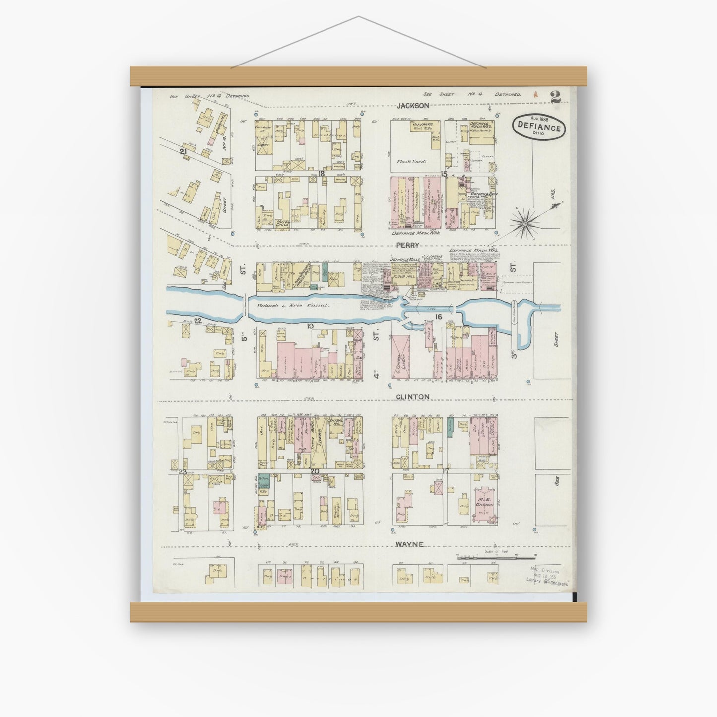 Old map wall art mockup — magnetic wood frame on white wall — Sanborn Fire Insurance Map from Defiance, Defiance County, Ohio (1888), Sheet #0002