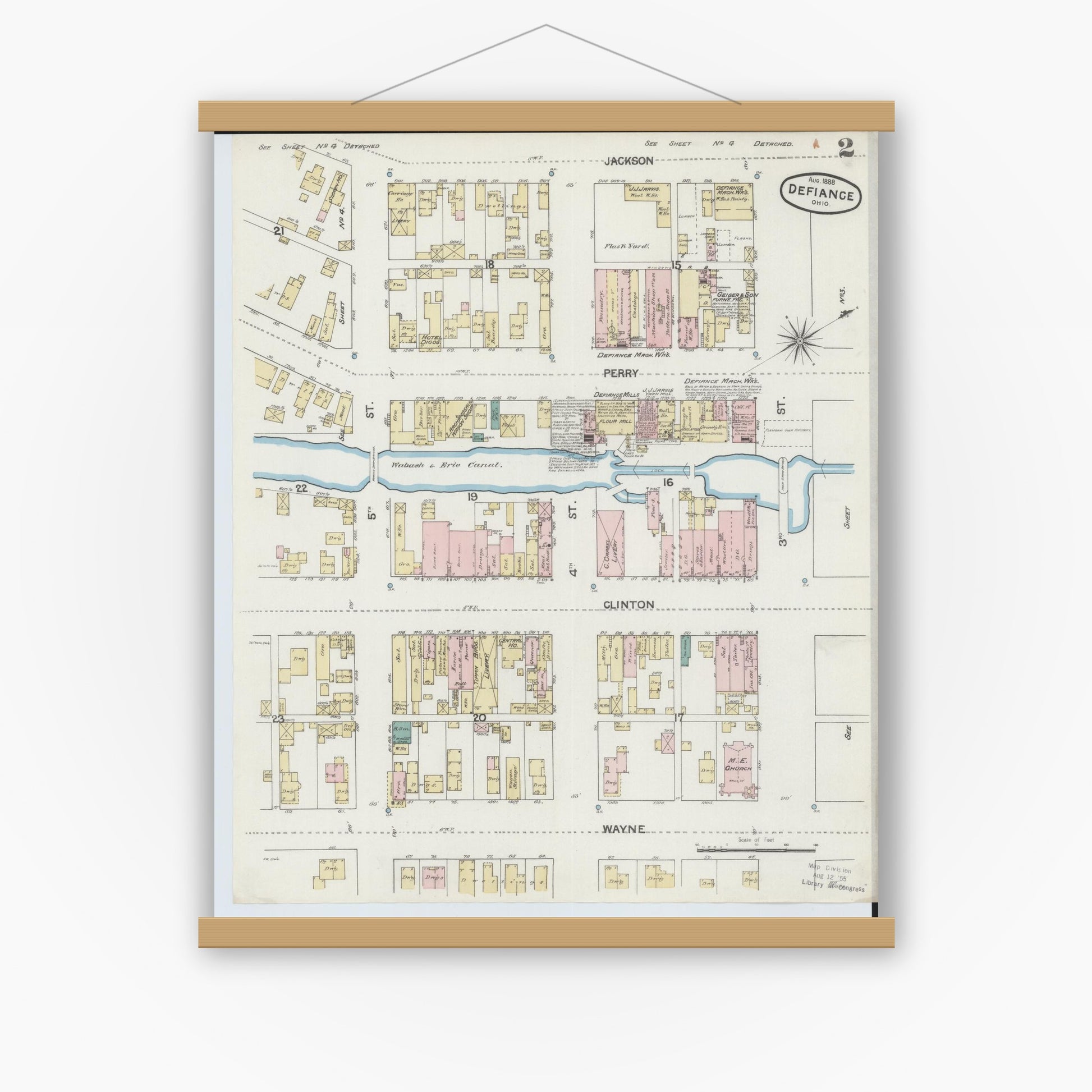 Old map wall art mockup — magnetic wood frame on white wall — Sanborn Fire Insurance Map from Defiance, Defiance County, Ohio (1888), Sheet #0002