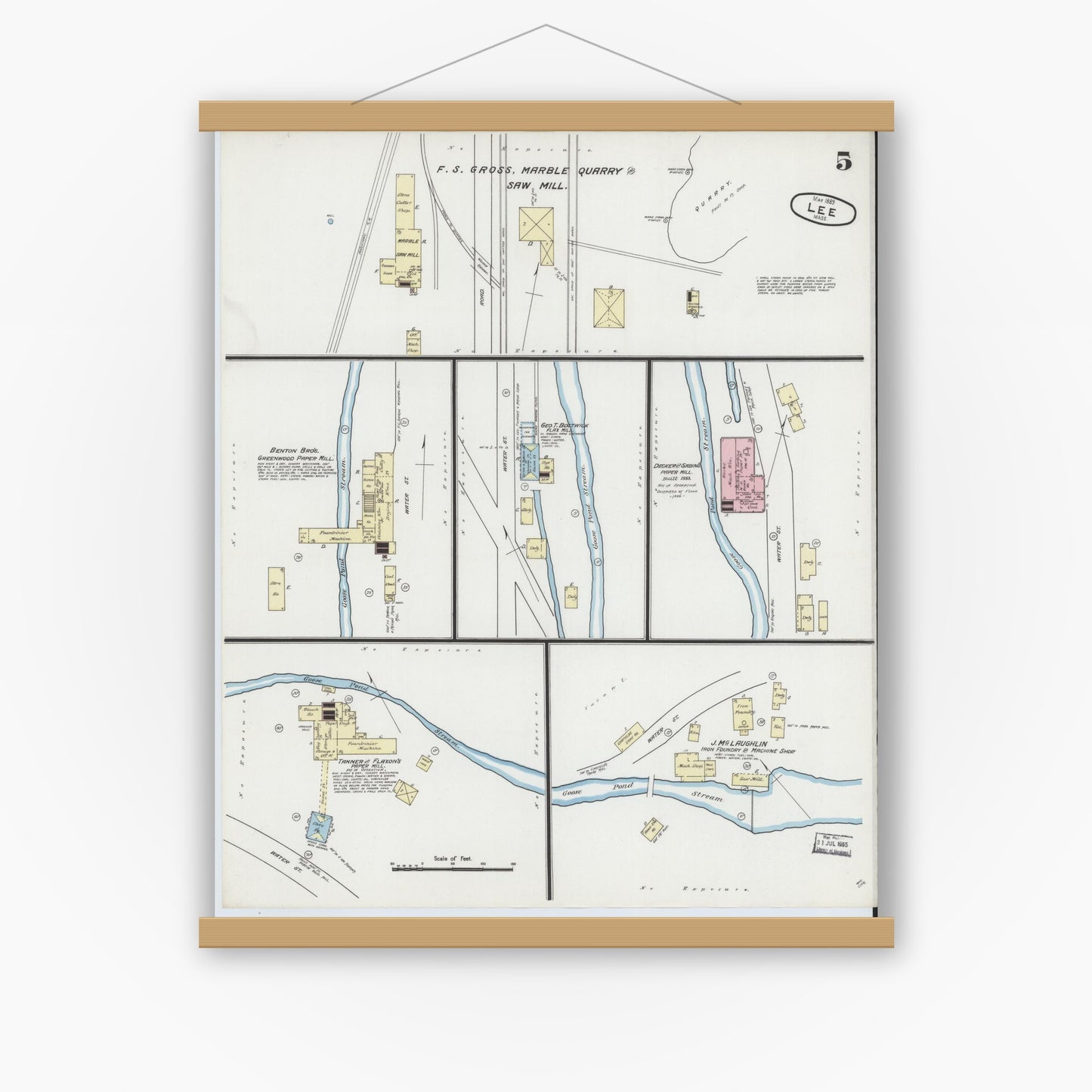 Old map wall art mockup — magnetic wood frame on white wall — Sanborn Fire Insurance Map from Lee, Berkshire County, Massachusetts (1889), Sheet #0005