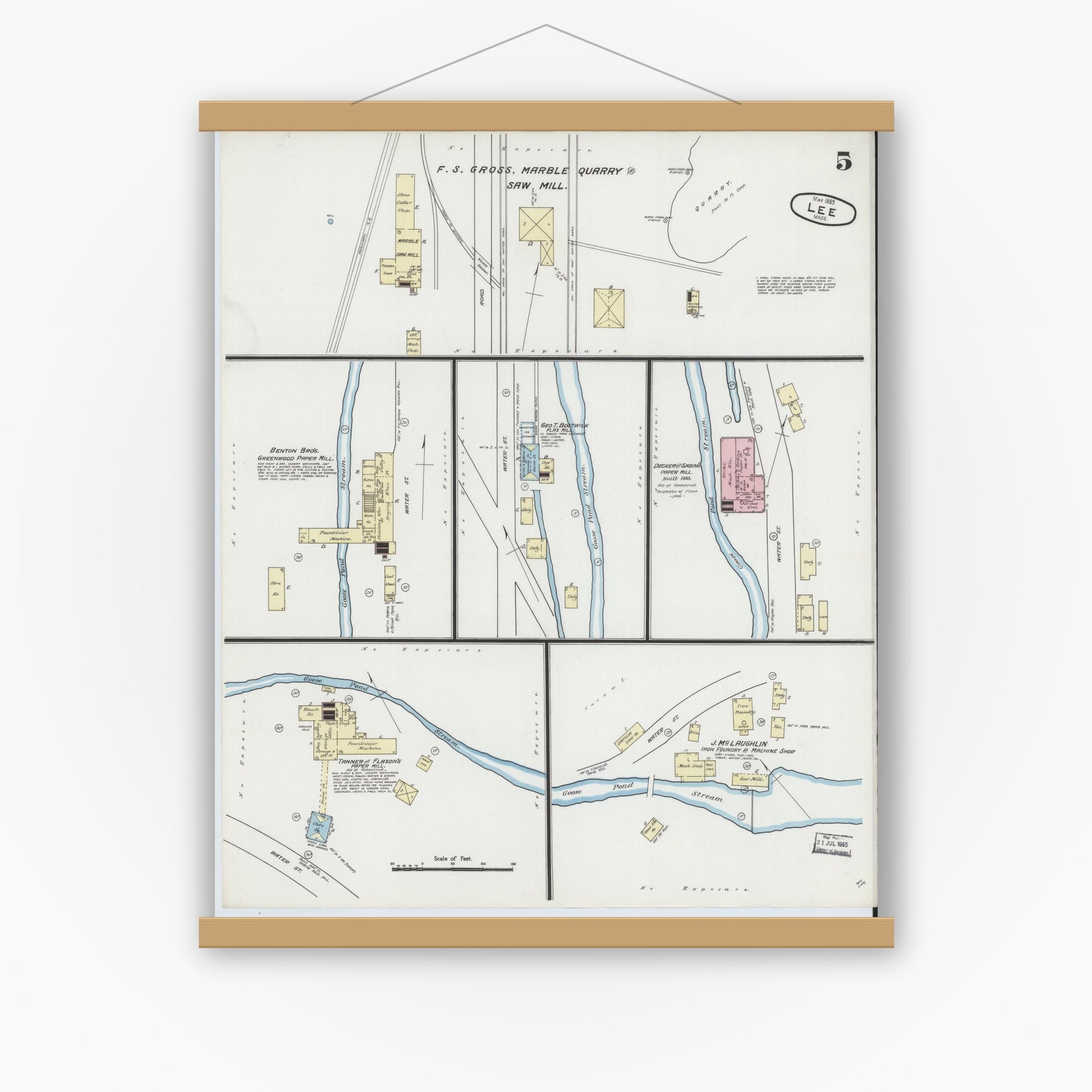 Old map wall art mockup — magnetic wood frame on white wall — Sanborn Fire Insurance Map from Lee, Berkshire County, Massachusetts (1889), Sheet #0005