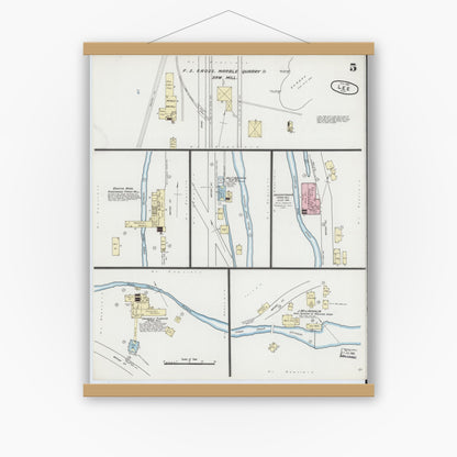 Old map wall art mockup — magnetic wood frame on white wall — Sanborn Fire Insurance Map from Lee, Berkshire County, Massachusetts (1889), Sheet #0005