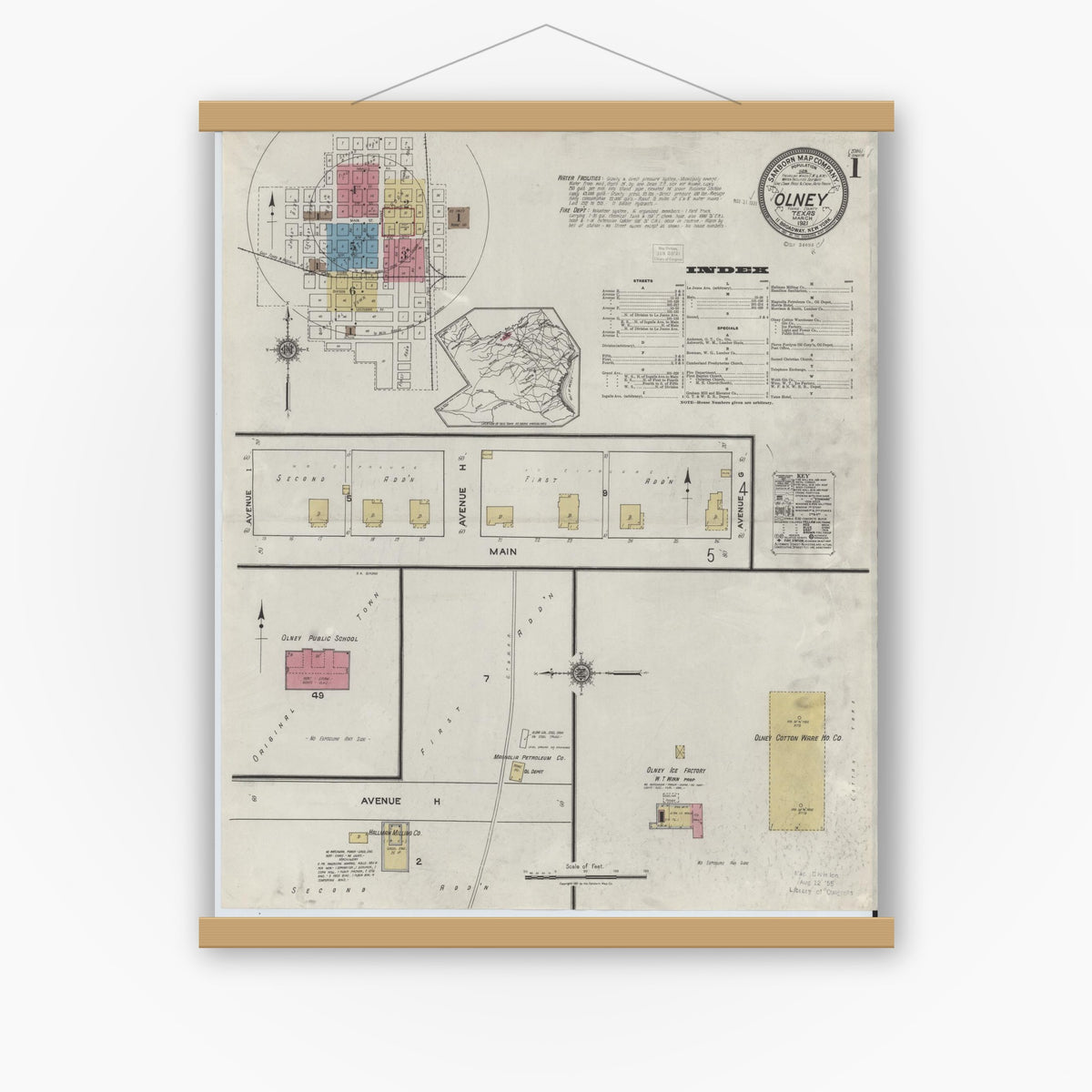 Old map wall art mockup — magnetic wood frame on white wall — Sanborn Fire Insurance Map from Olney, Young County, Texas (1921) - Complete Map Set