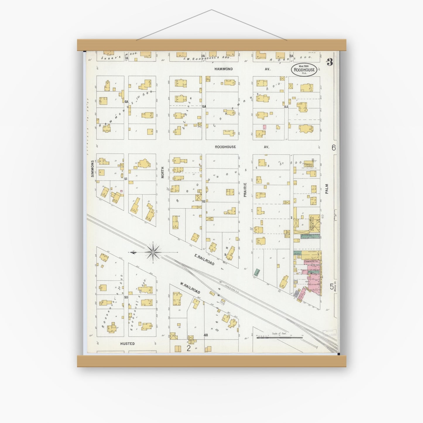 Old map wall art mockup — magnetic wood frame on white wall — Sanborn Fire Insurance Map from Roodhouse, Greene County, Illinois (1900), Sheet #0003
