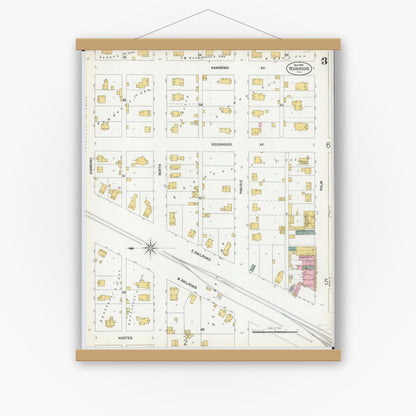 Old map wall art mockup — magnetic wood frame on white wall — Sanborn Fire Insurance Map from Roodhouse, Greene County, Illinois (1900), Sheet #0003