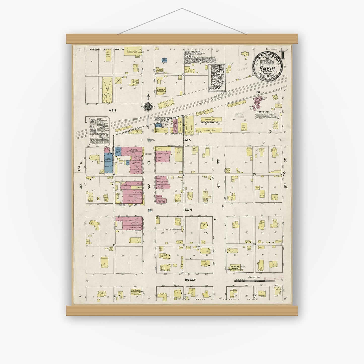 Old map wall art mockup — magnetic wood frame on white wall — Sanborn Fire Insurance Map from Ambia, Benton County, Indiana (1921), Sheet #0001