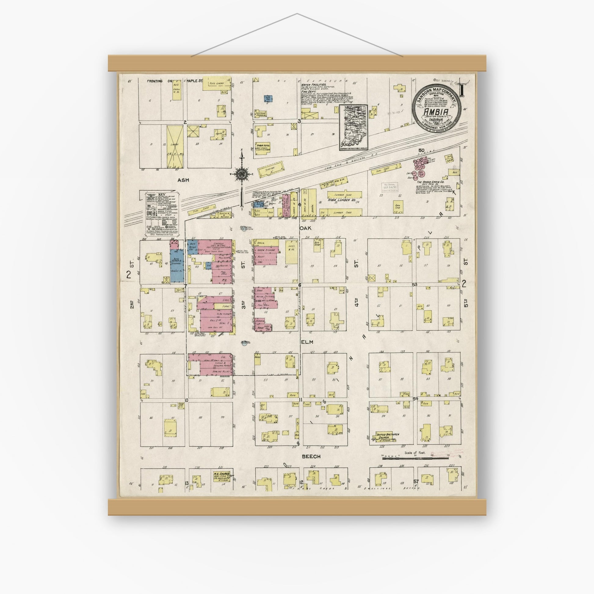 Old map wall art mockup — magnetic wood frame on white wall — Sanborn Fire Insurance Map from Ambia, Benton County, Indiana (1921), Sheet #0001
