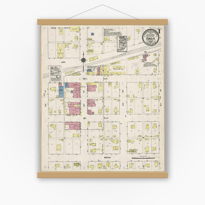 Old map wall art mockup — magnetic wood frame on white wall — Sanborn Fire Insurance Map from Ambia, Benton County, Indiana (1921), Sheet #0001