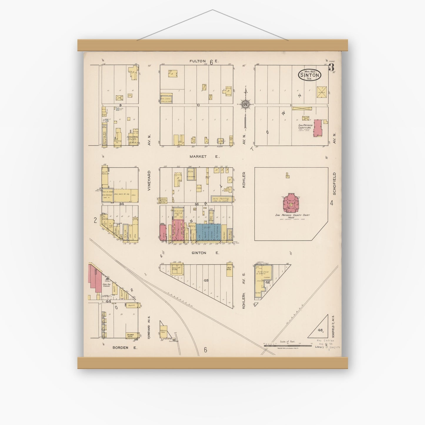 Old map wall art mockup — magnetic wood frame on white wall — Sanborn Fire Insurance Map from Sinton, San Patricio County, Texas (1922), Sheet #0003