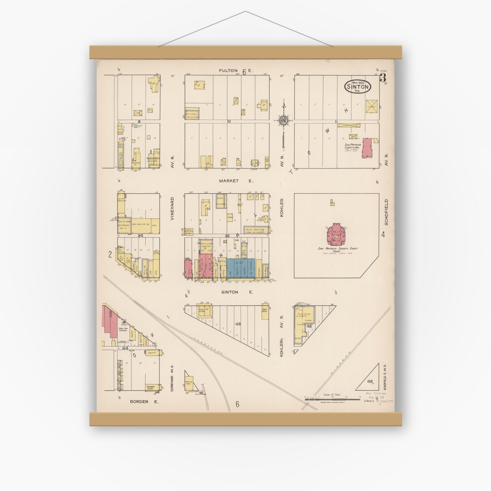 Old map wall art mockup — magnetic wood frame on white wall — Sanborn Fire Insurance Map from Sinton, San Patricio County, Texas (1922), Sheet #0003