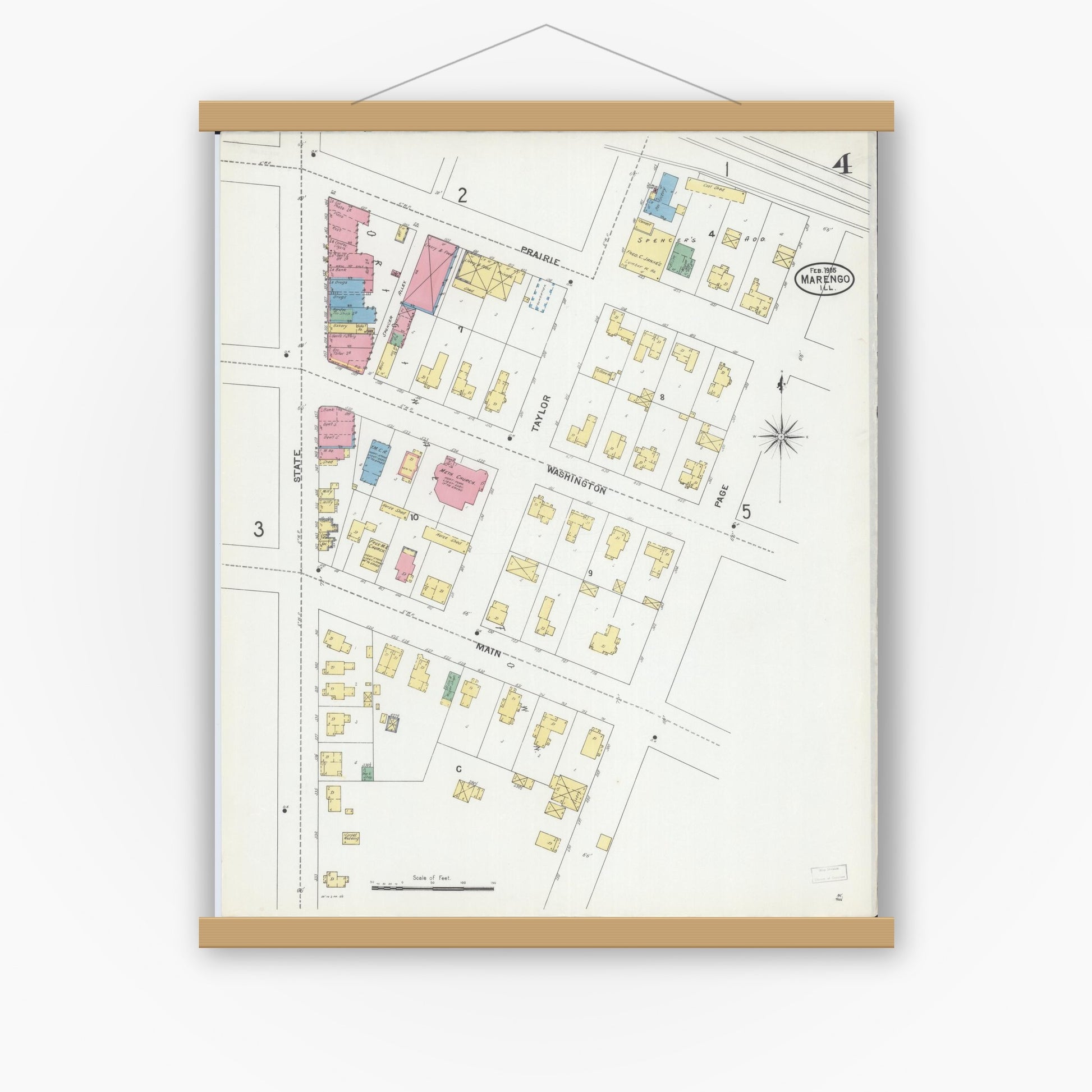 Old map wall art mockup — magnetic wood frame on white wall — Sanborn Fire Insurance Map from Marengo, McHenry County, Illinois (1905), Sheet #0004