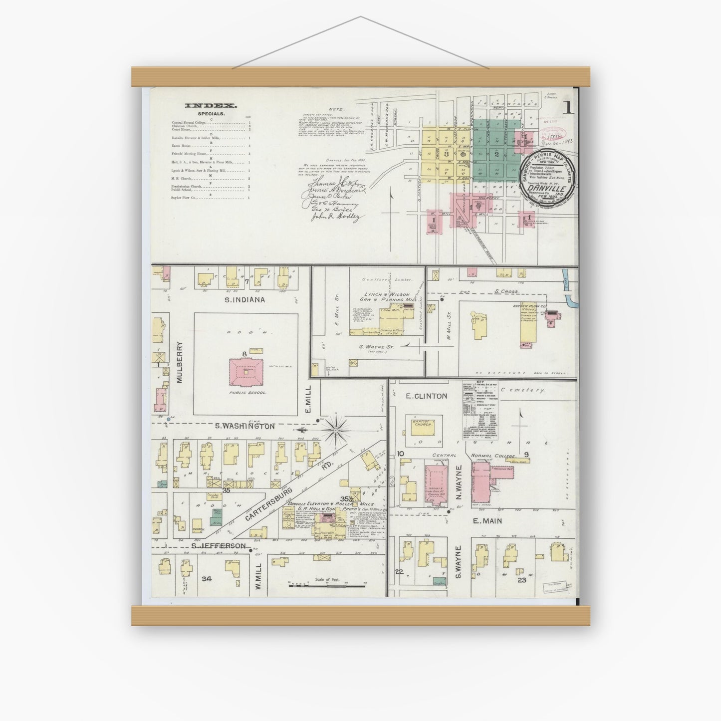 Old map wall art mockup — magnetic wood frame on white wall — Sanborn Fire Insurance Map from Danville, Hendricks County, Indiana (1893) - Complete Map Set