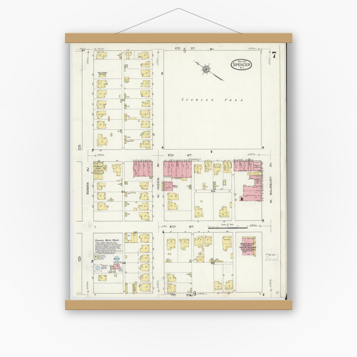 Old map wall art mockup — magnetic wood frame on white wall — Sanborn Fire Insurance Map from Spencer, Rowan County, North Carolina (1913), Sheet #0007