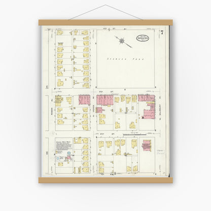 Old map wall art mockup — magnetic wood frame on white wall — Sanborn Fire Insurance Map from Spencer, Rowan County, North Carolina (1913), Sheet #0007