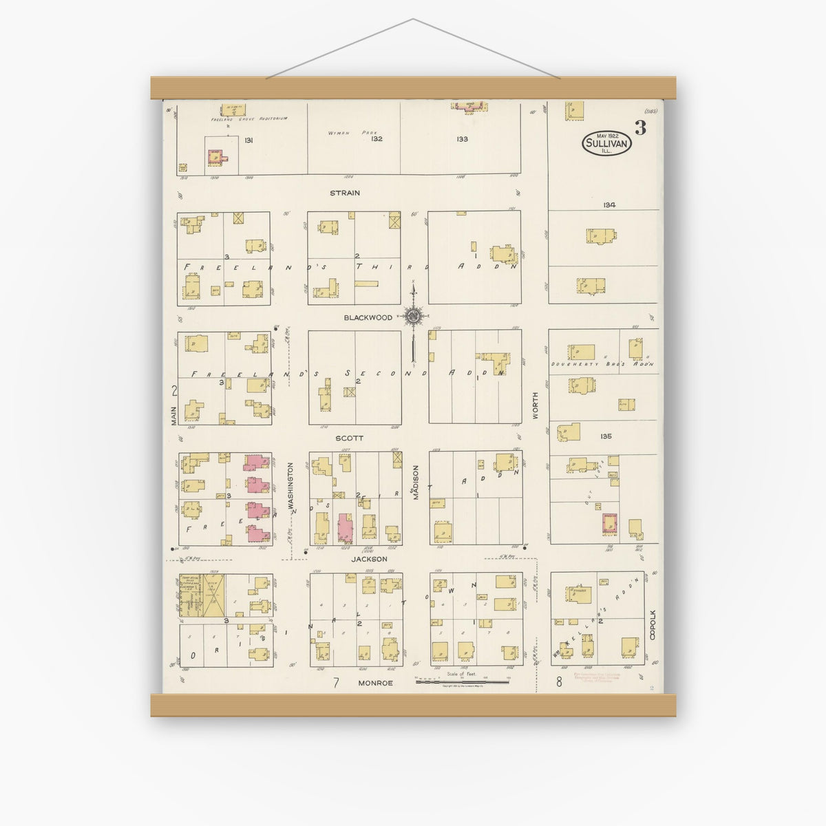 Old map wall art mockup — magnetic wood frame on white wall — Sanborn Fire Insurance Map from Sullivan, Moultrie County, Illinois (1922), Sheet #0003