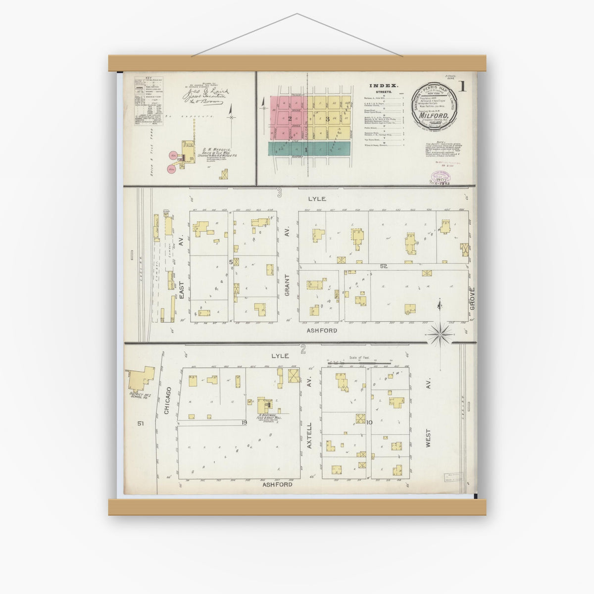 Old map wall art mockup — magnetic wood frame on white wall — Sanborn Fire Insurance Map from Milford, Iroquois County, Illinois (1893) - Complete Map Set