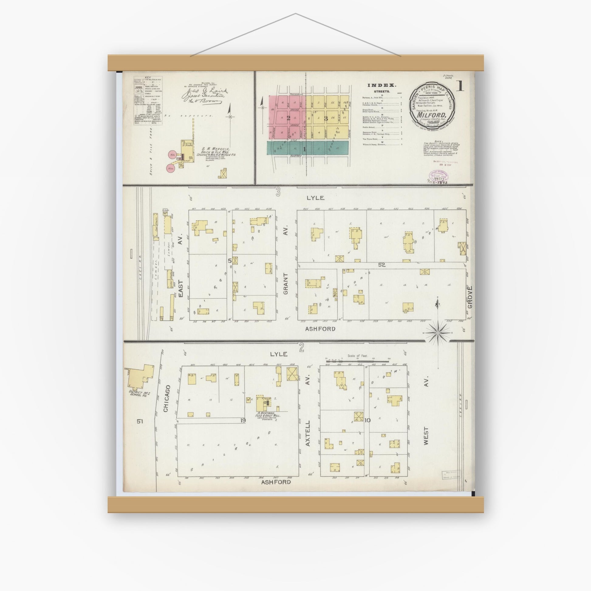 Old map wall art mockup — magnetic wood frame on white wall — Sanborn Fire Insurance Map from Milford, Iroquois County, Illinois (1893) - Complete Map Set