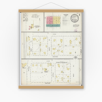 Old map wall art mockup — magnetic wood frame on white wall — Sanborn Fire Insurance Map from Milford, Iroquois County, Illinois (1893) - Complete Map Set