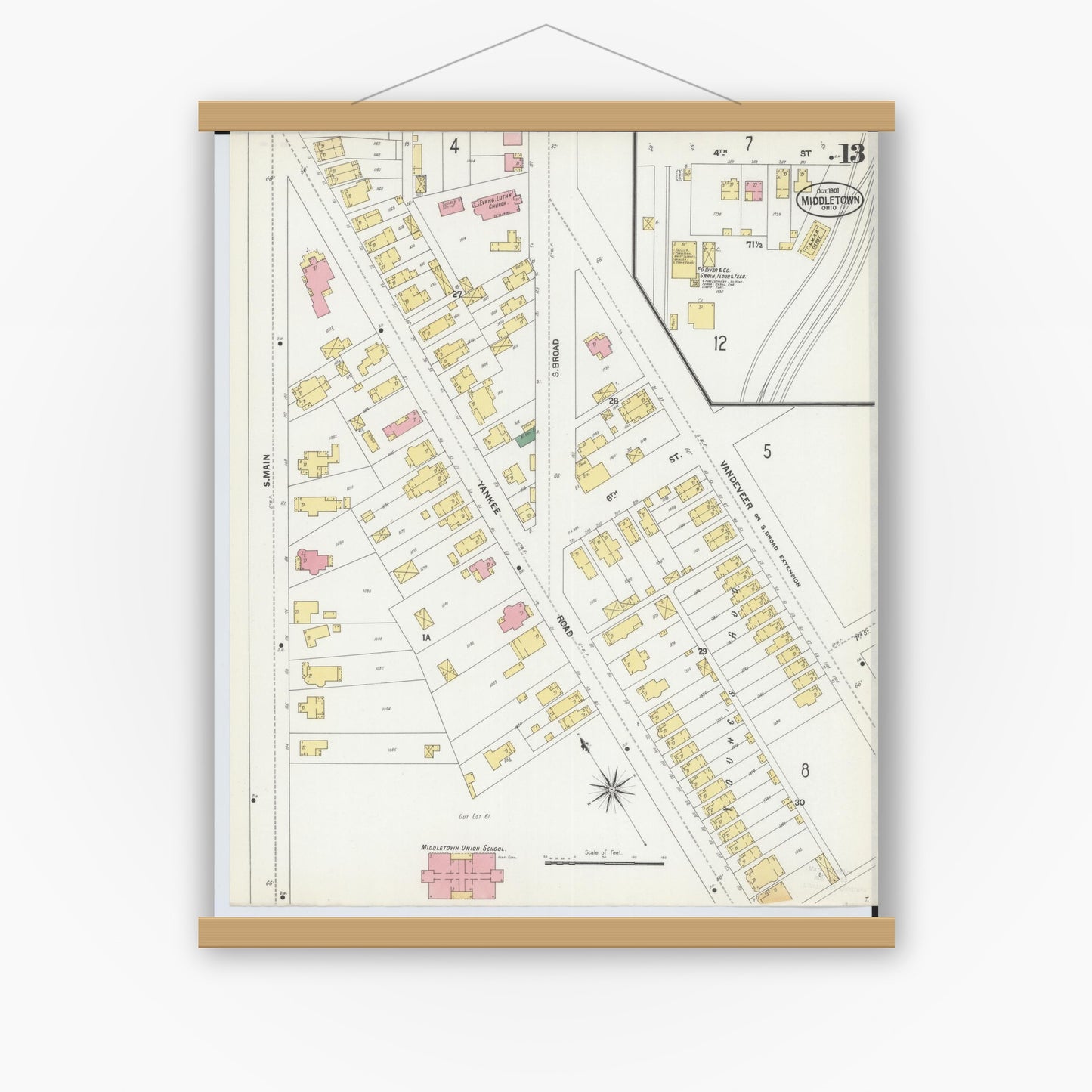 Old map wall art mockup — magnetic wood frame on white wall — Sanborn Fire Insurance Map from Middletown, Butler County, Ohio (1901), Sheet #0013