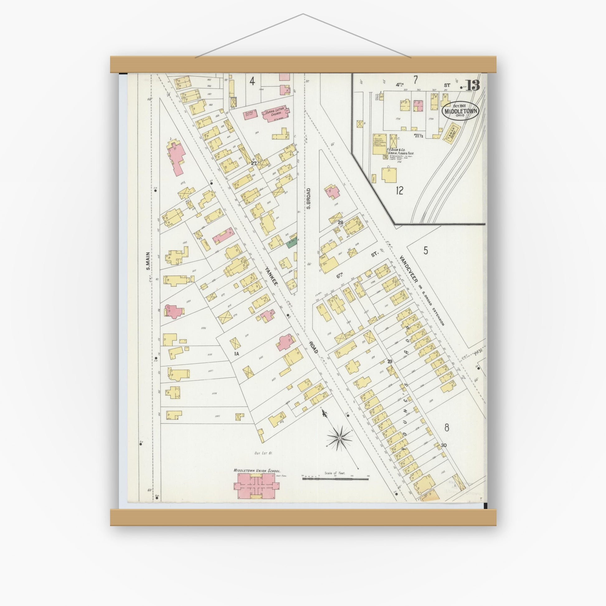 Old map wall art mockup — magnetic wood frame on white wall — Sanborn Fire Insurance Map from Middletown, Butler County, Ohio (1901), Sheet #0013